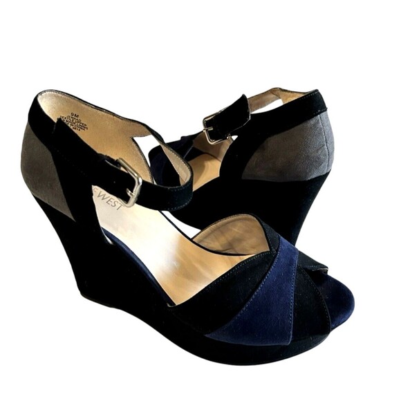 Nine West Black and Blue Platform Wedges - Picture 2 of 11